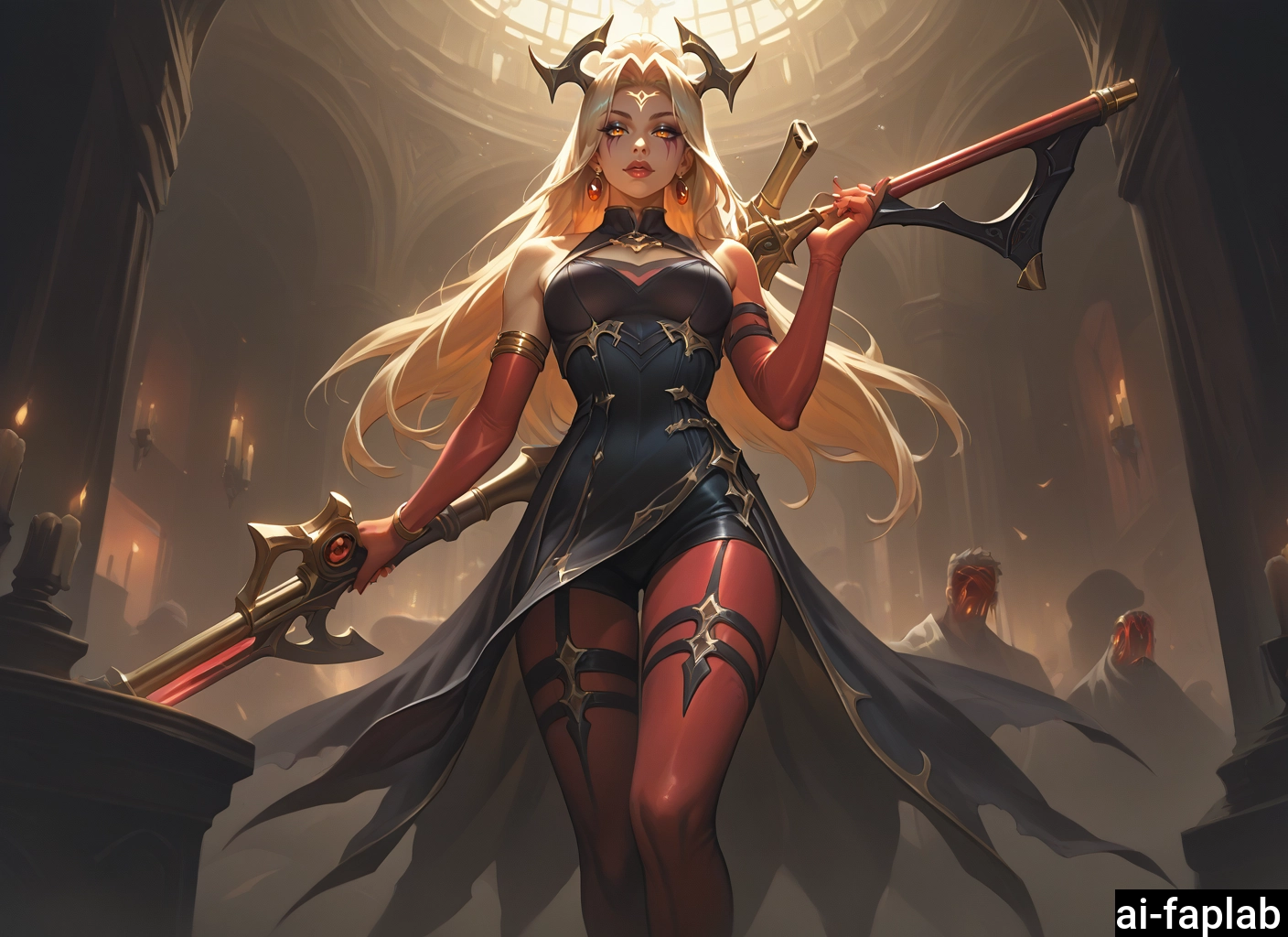 weapon, 1girl, holding, long hair, earrings, red gloves · Yamete.gg