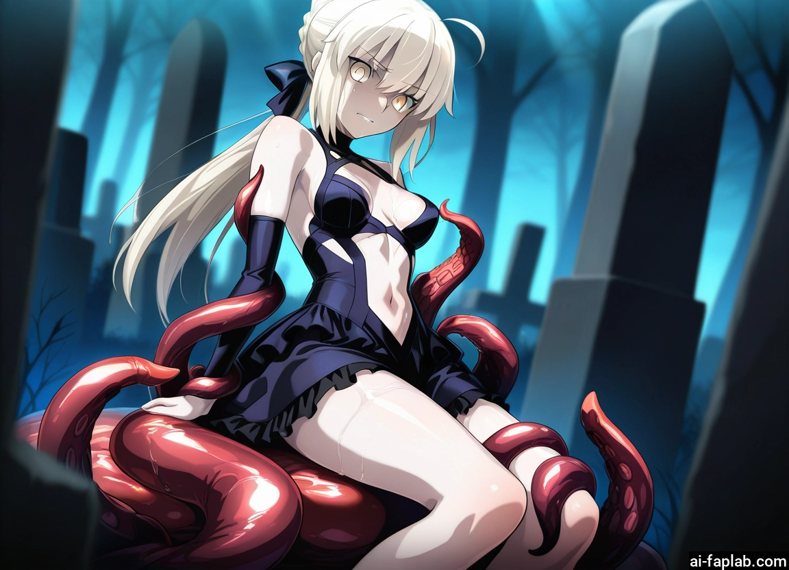 1girl, tentacles, breasts, yellow eyes, solo, navel