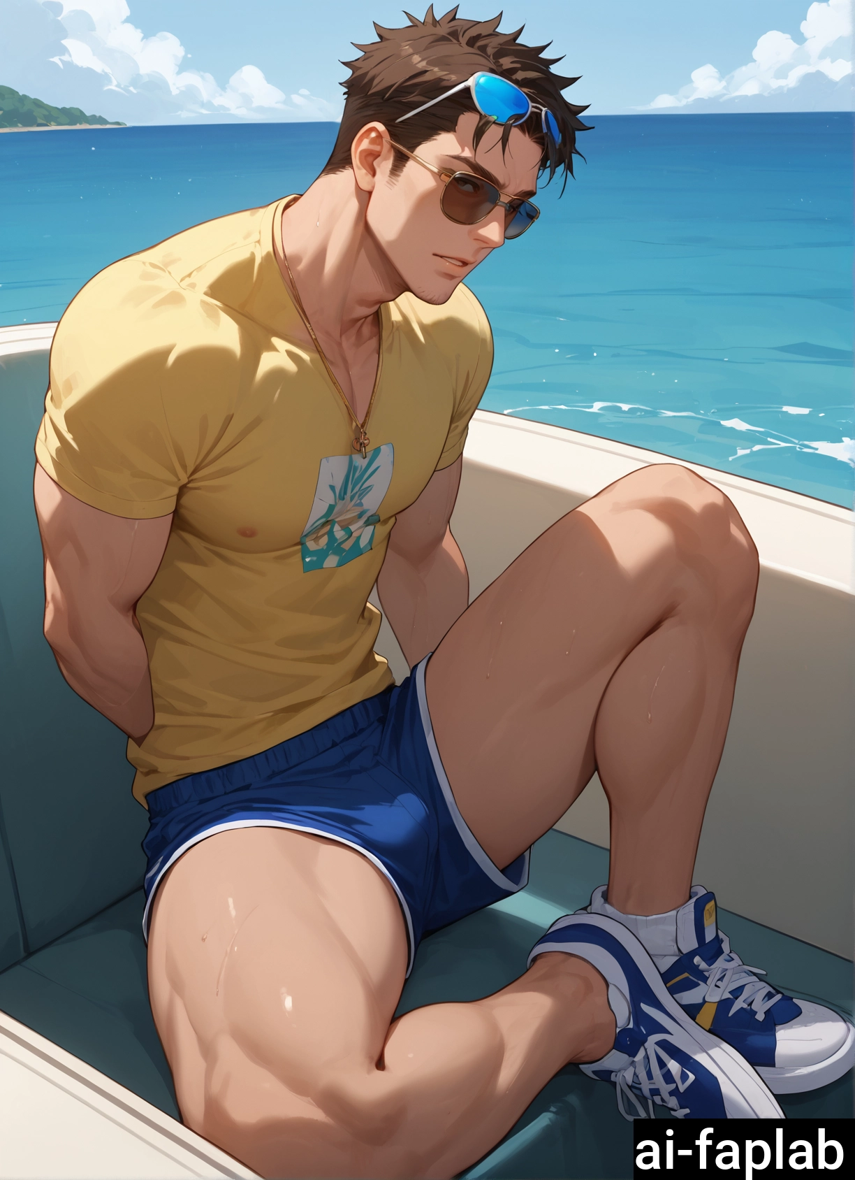 male focus, 1boy, solo, pectorals, bara, shorts