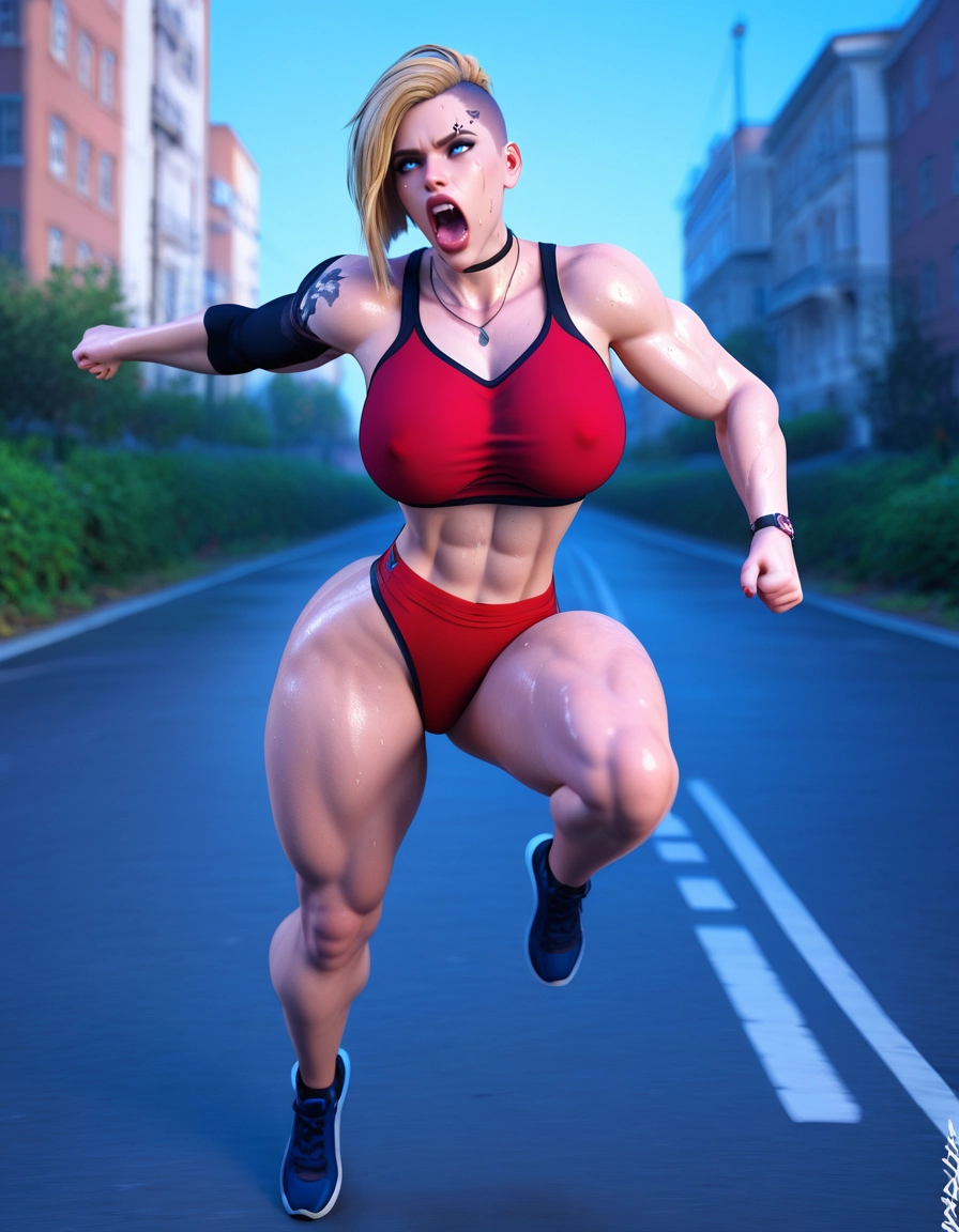 1girl, eyebrow piercing, running, abs, solo, blonde hair · Yamete.gg
