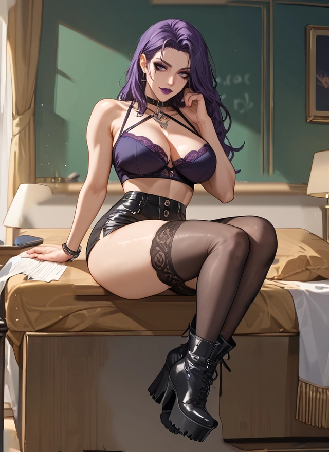 1girl, breasts, thighhighs, purple hair, bra, underwear · Yamete.gg