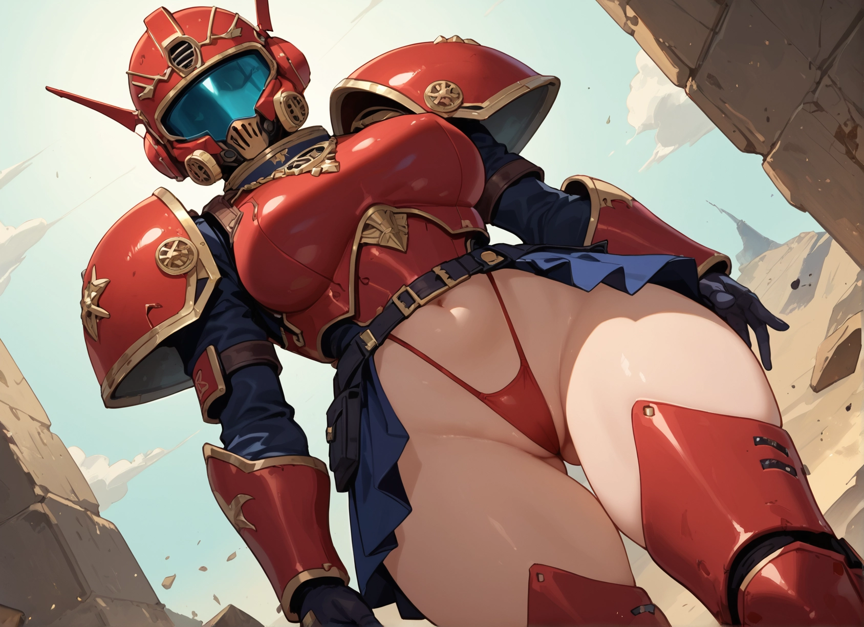 1girl, solo, breasts, armor, navel, helmet · Yamete.gg