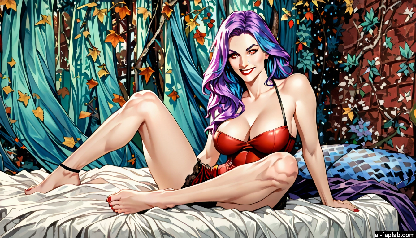 breasts, 1girl, barefoot, large breasts, cleavage, purple hair