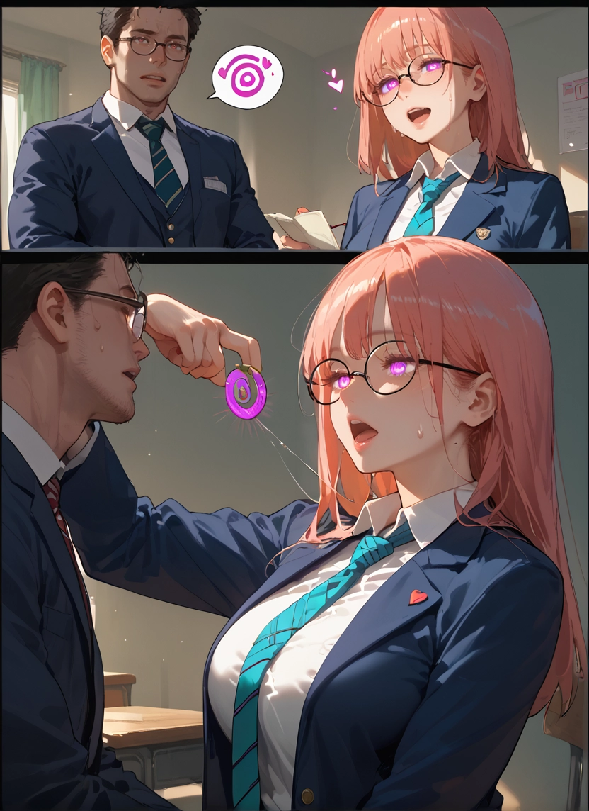 1girl, glasses, 1boy, necktie, jacket, open mouth · Yamete.gg