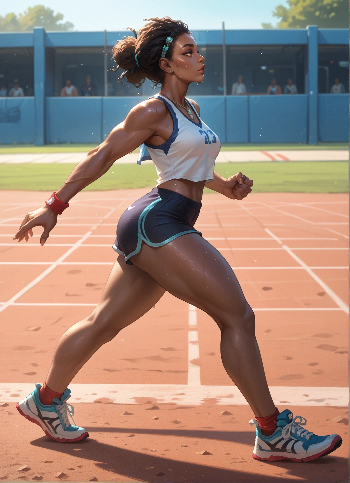 1girl, shorts, dark skin, sweat, breasts, dark-skinned female · Yamete.gg