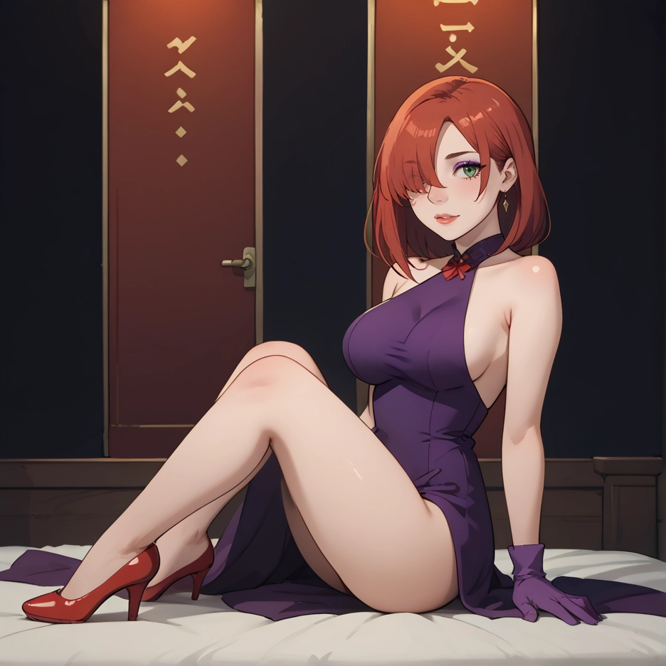 1girl, breasts, gloves, dress, high heels, green eyes · Yamete.gg