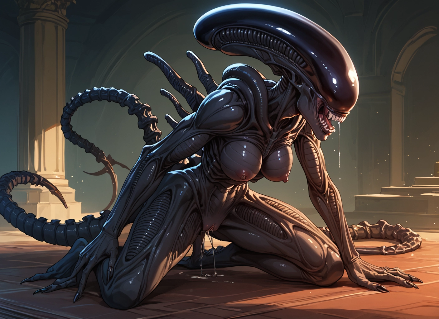 1girl, breasts, nipples, solo, tail, teeth · Yamete.gg