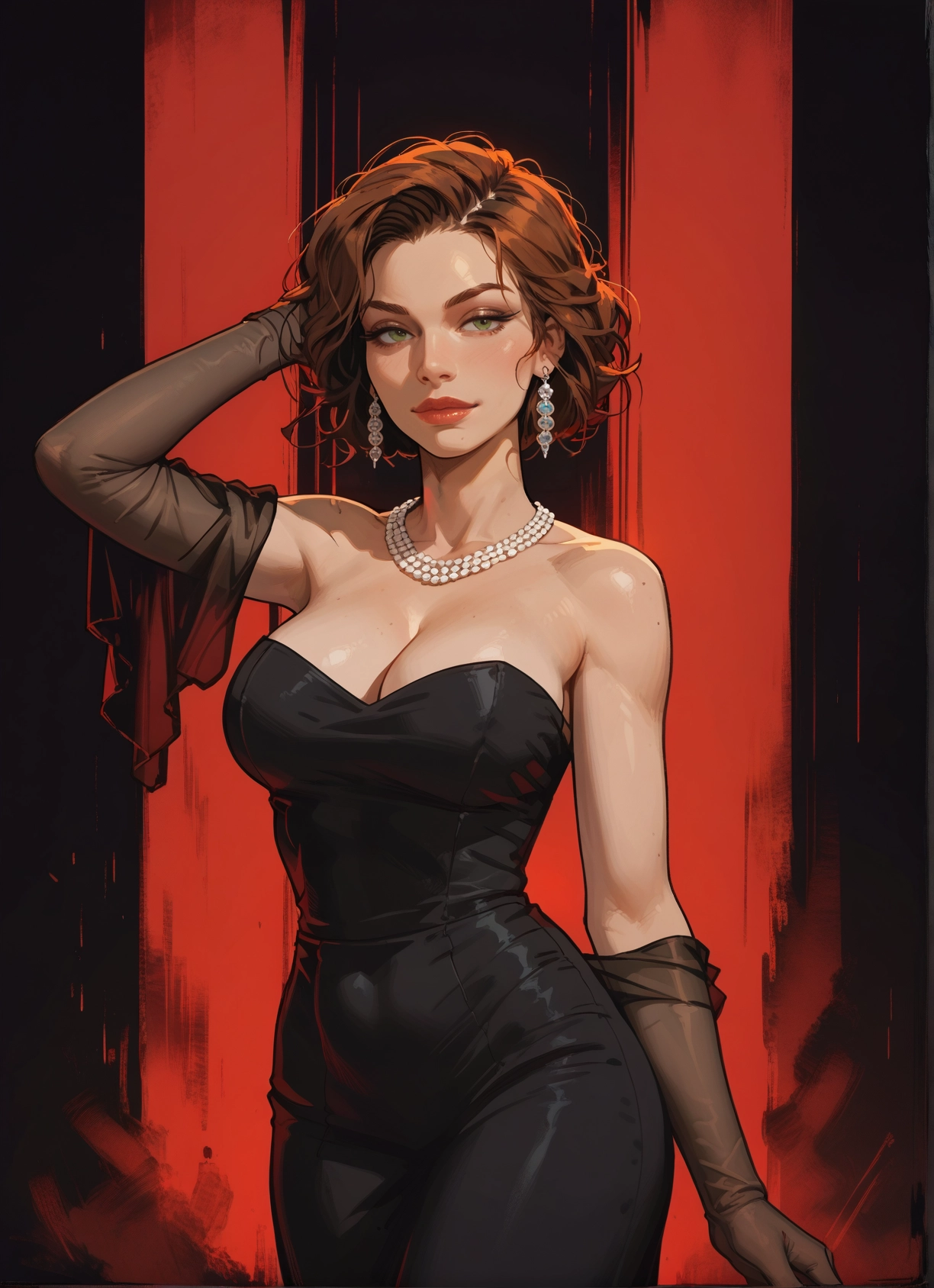 1girl, breasts, jewelry, gloves, dress, earrings · Yamete.gg