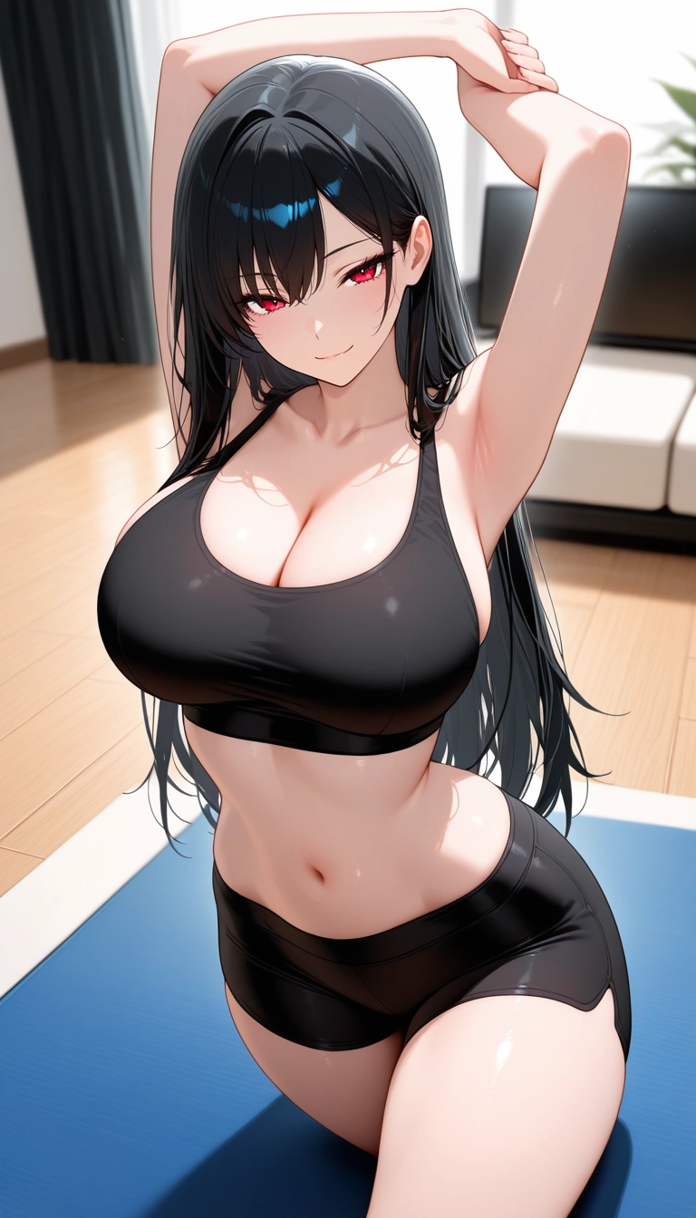 1girl, breasts, solo, sports bra, black hair, cleavage · Yamete.gg