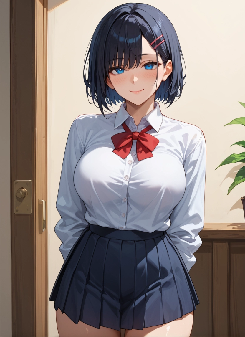 1girl, skirt, breasts, blue eyes, solo, hair ornament · Yamete.gg