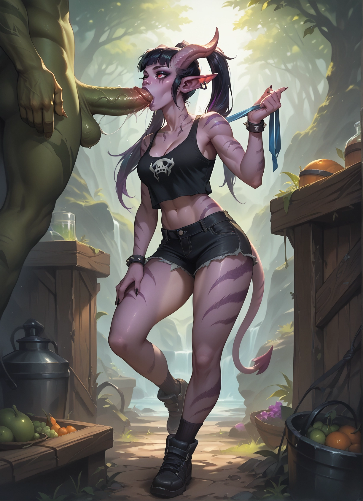 1girl, penis, oral, fellatio, horns, shorts · Yamete.gg