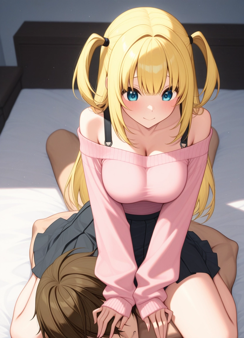 1girl, breasts, blonde hair, 1boy, skirt, long hair