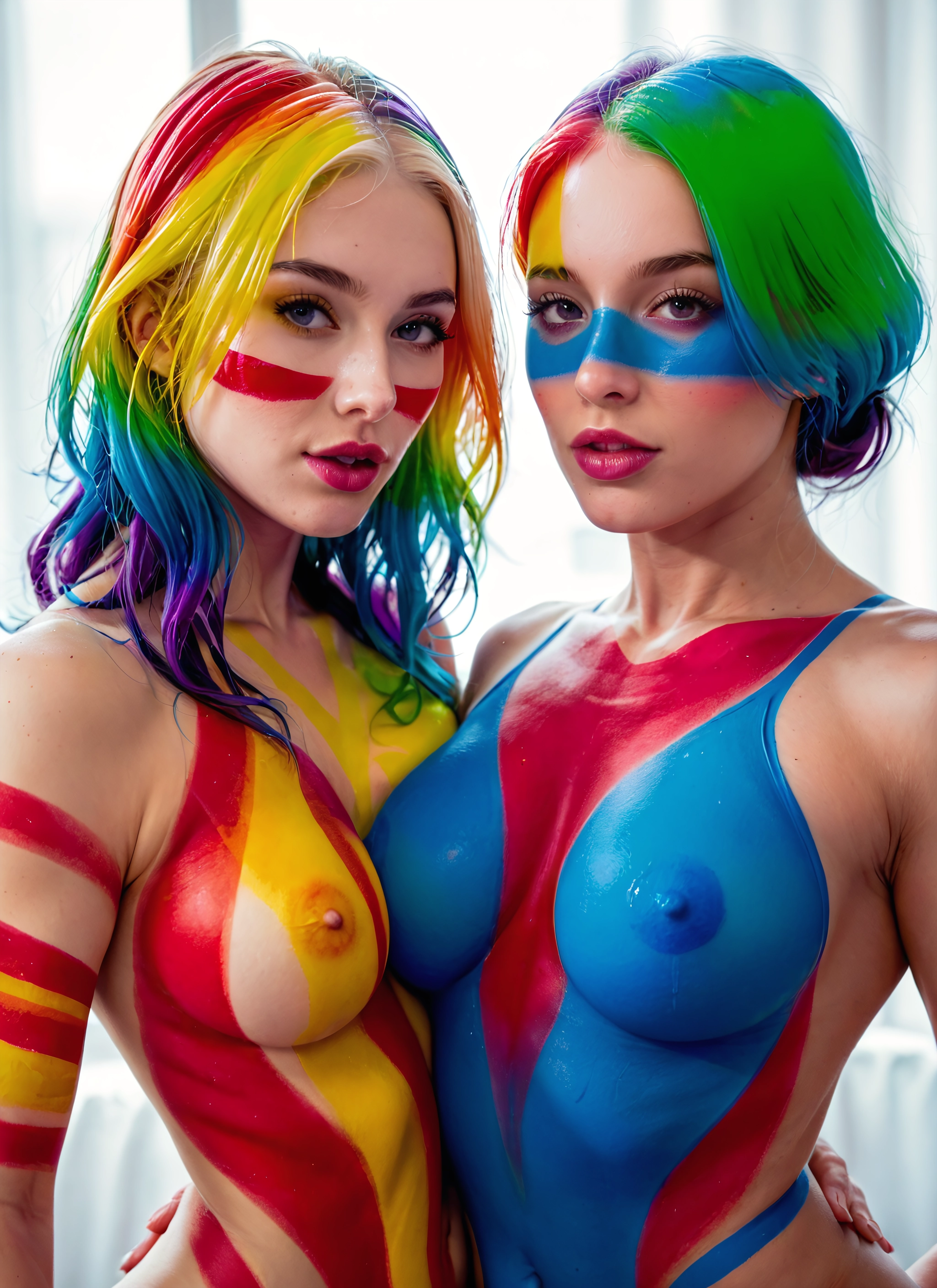 multiple girls, 2girls, breasts, multicolored hair, looking at viewer, nipples · Yamete.gg