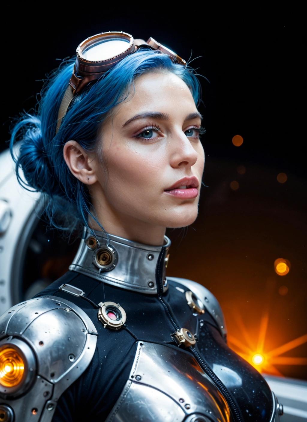 1girl, solo, goggles, blue hair, goggles on head, realistic · Yamete.gg
