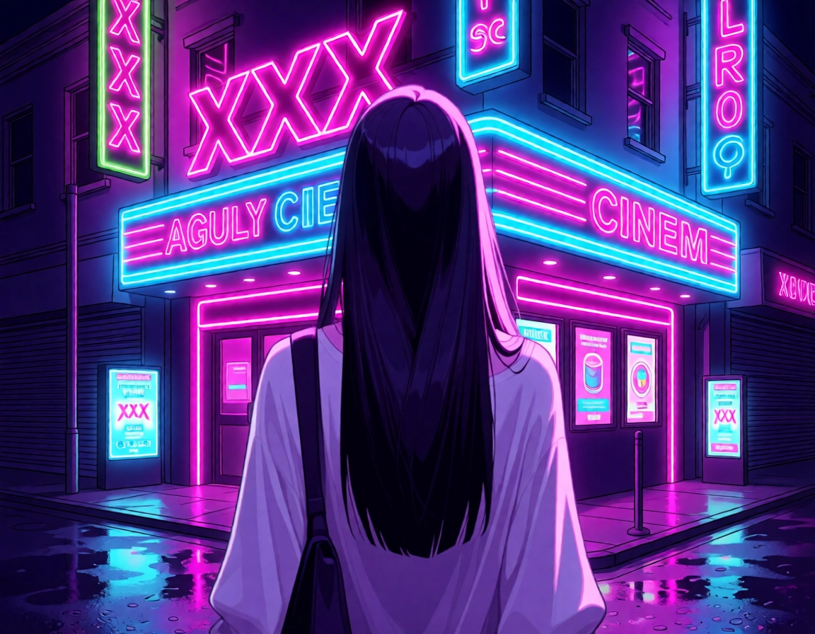 neon lights, 1girl, solo, long hair, black hair, shirt · Yamete.gg