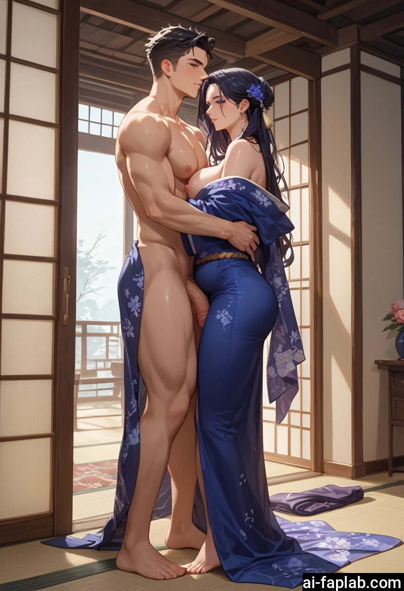 futanari, 1girl, 1boy, penis, breasts, japanese clothes · Yamete.gg