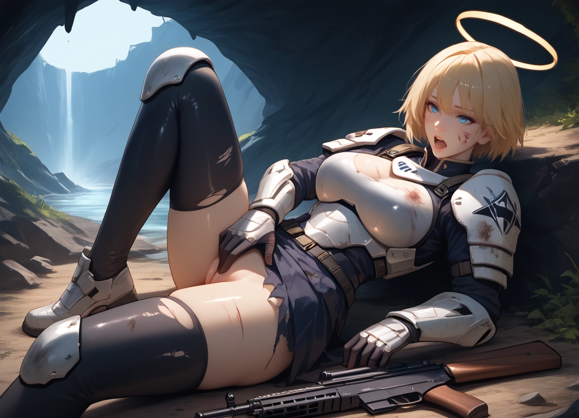 1girl, solo, open mouth, weapon, thighhighs, armor · Yamete.gg