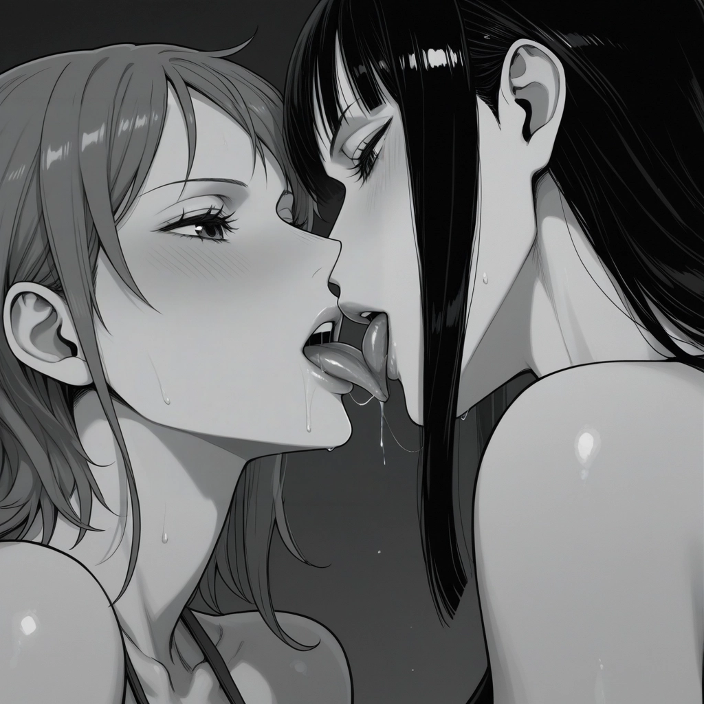 multiple girls, 2girls, monochrome, greyscale, tongue, yuri · Yamete.gg