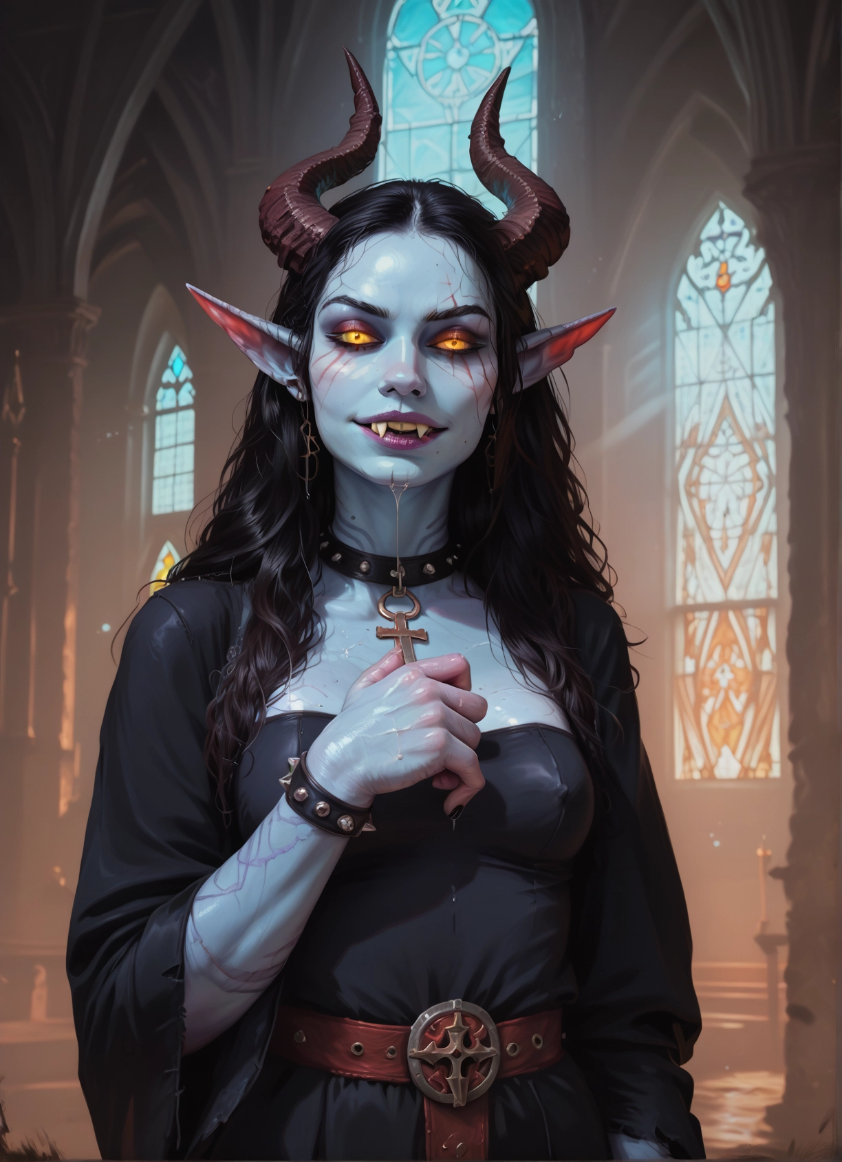 1girl, horns, solo, jewelry, colored skin, pointy ears · Yamete.gg