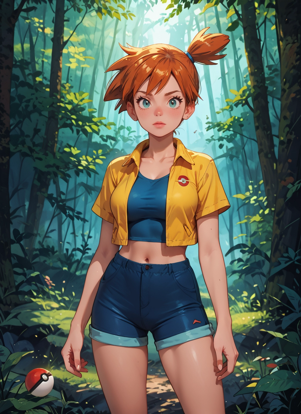 1girl, solo, shorts, navel, orange hair, breasts · Yamete.gg