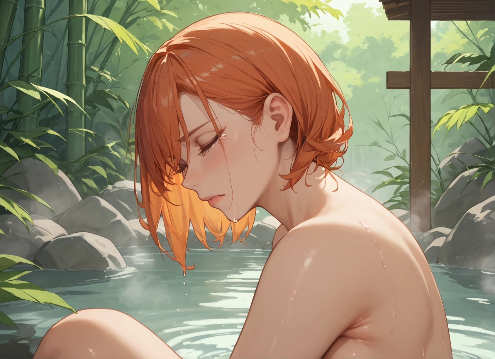 1girl, solo, bamboo, onsen, wet, closed eyes · Yamete.gg