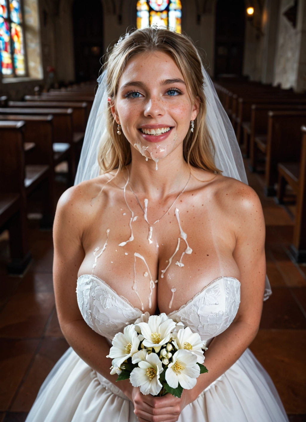 1girl, breasts, dress, flower, cum, wedding dress · Yamete.gg