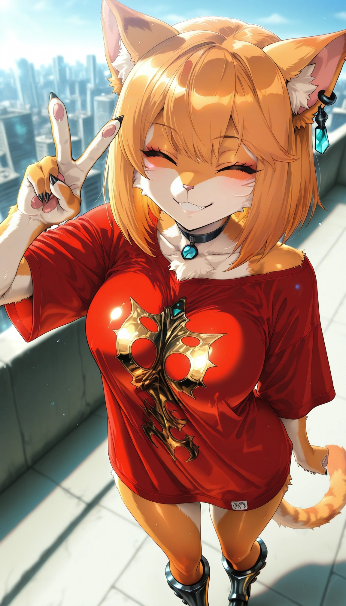 furry, 1girl, furry female, v, closed eyes, animal ears
