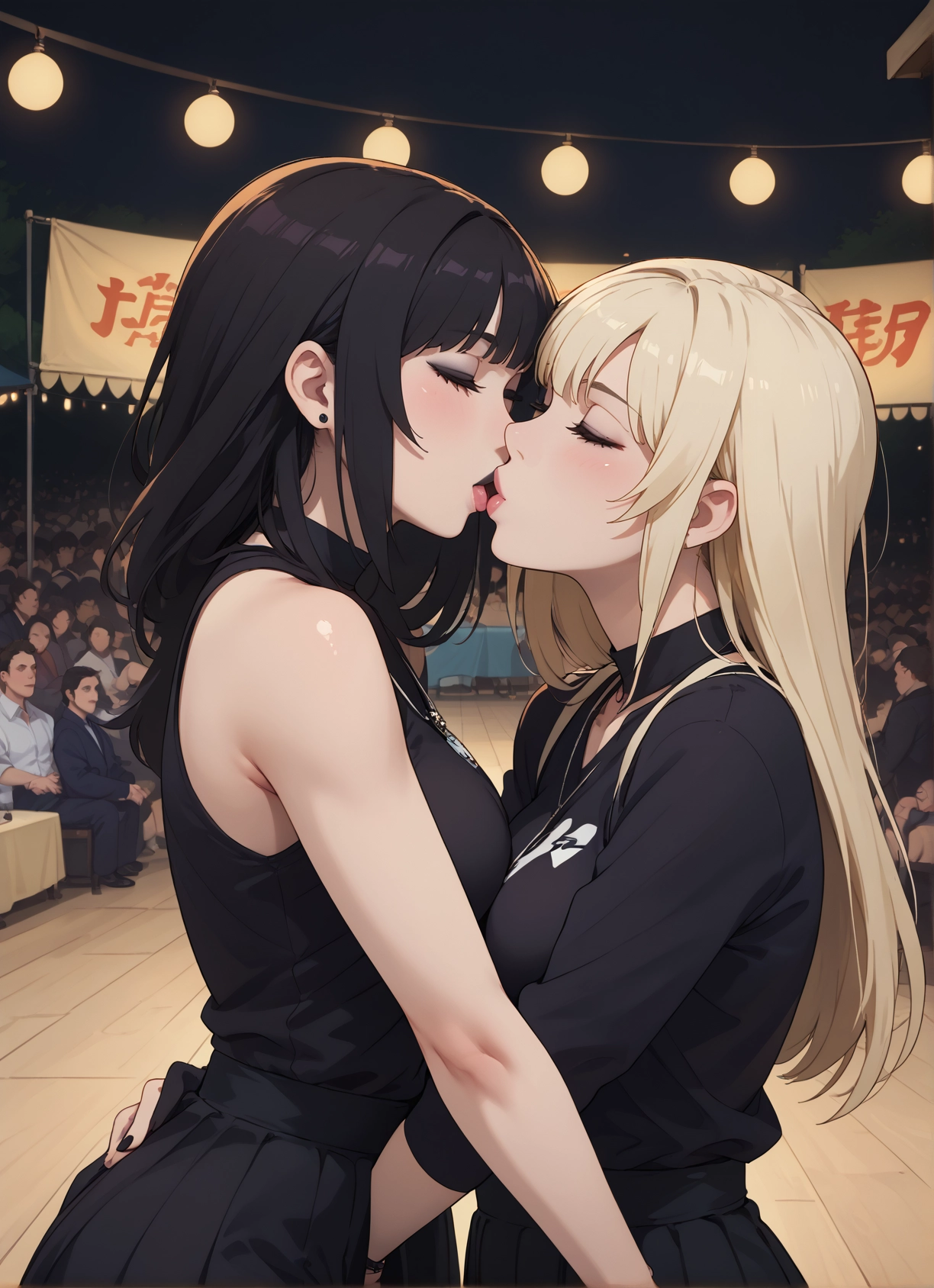multiple girls, kiss, closed eyes, 2girls, yuri, black hair · Yamete.gg