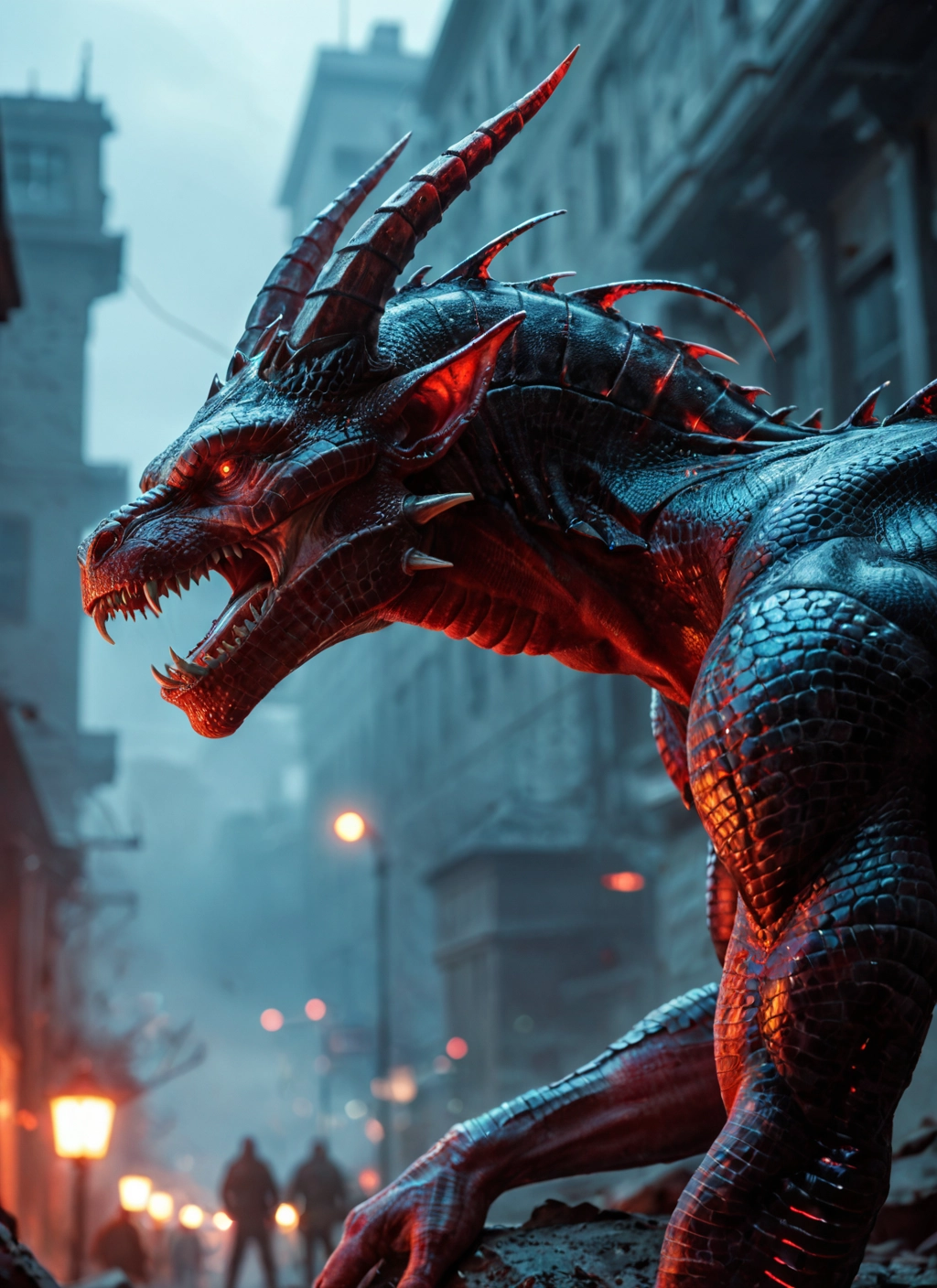 open mouth, dragon, lamppost, horns, outdoors, no humans · Yamete.gg