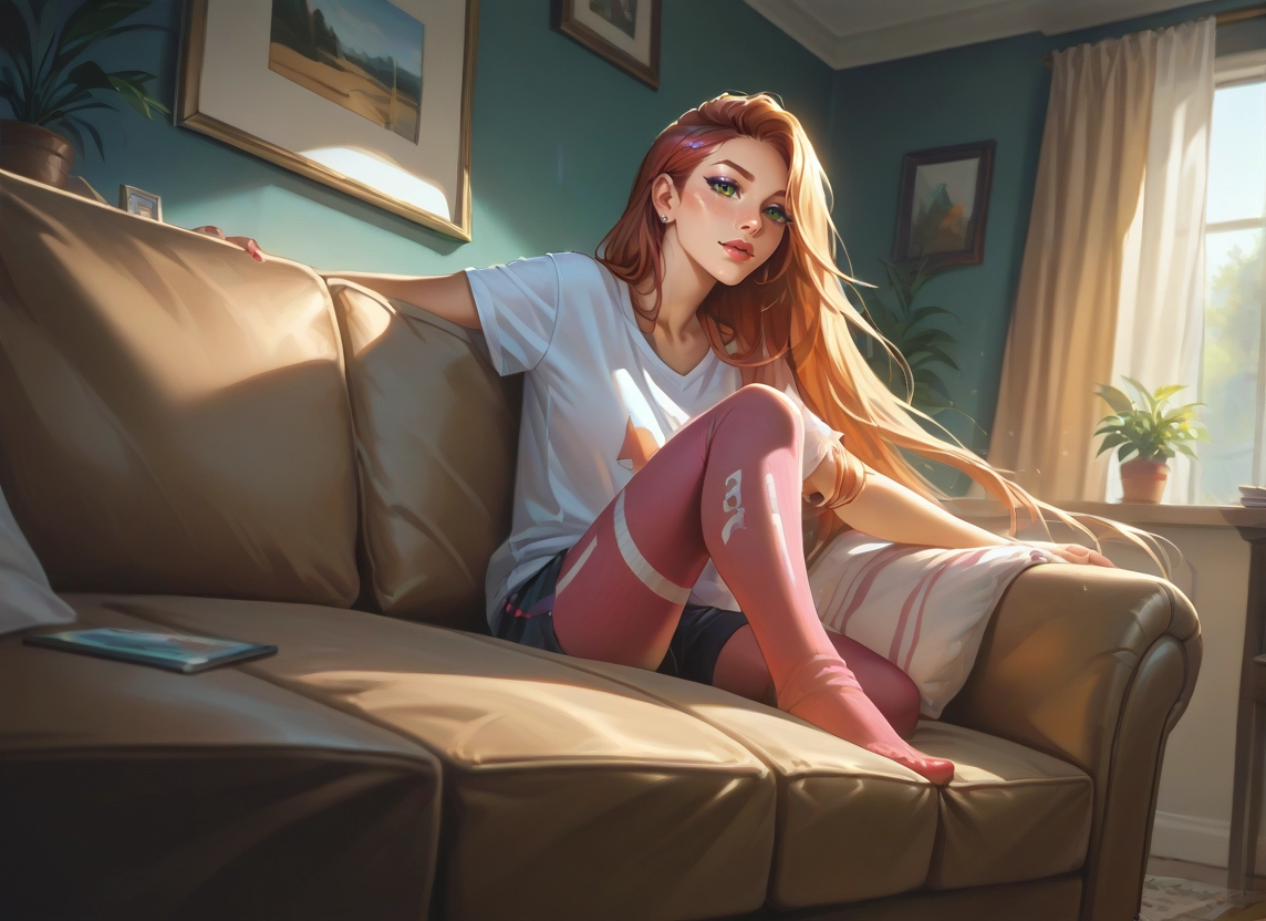 1girl, long hair, green eyes, solo, shirt, couch · Yamete.gg