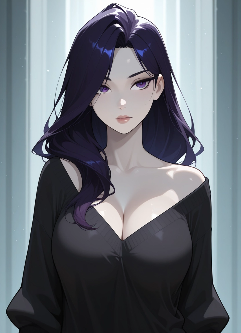 1girl, solo, breasts, cleavage, purple eyes, long hair