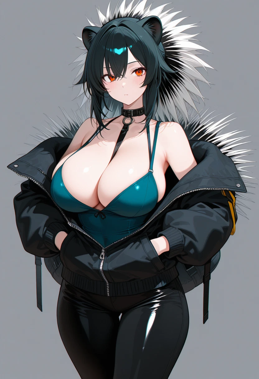 1girl, breasts, solo, hands in pockets, jacket, animal ears