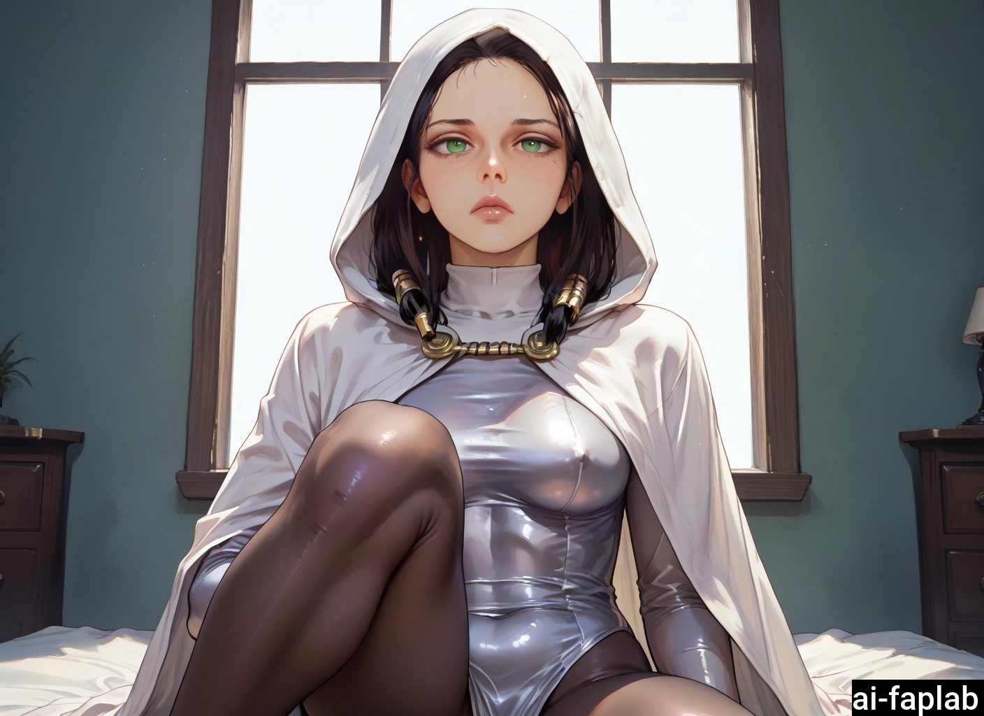 1girl, solo, green eyes, indoors, breasts, shiny clothes · Yamete.gg