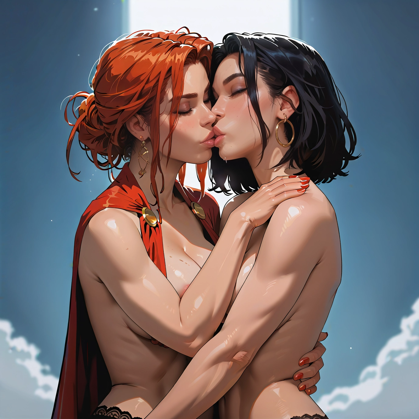 multiple girls, 2girls, yuri, kiss, jewelry, breasts · Yamete.gg