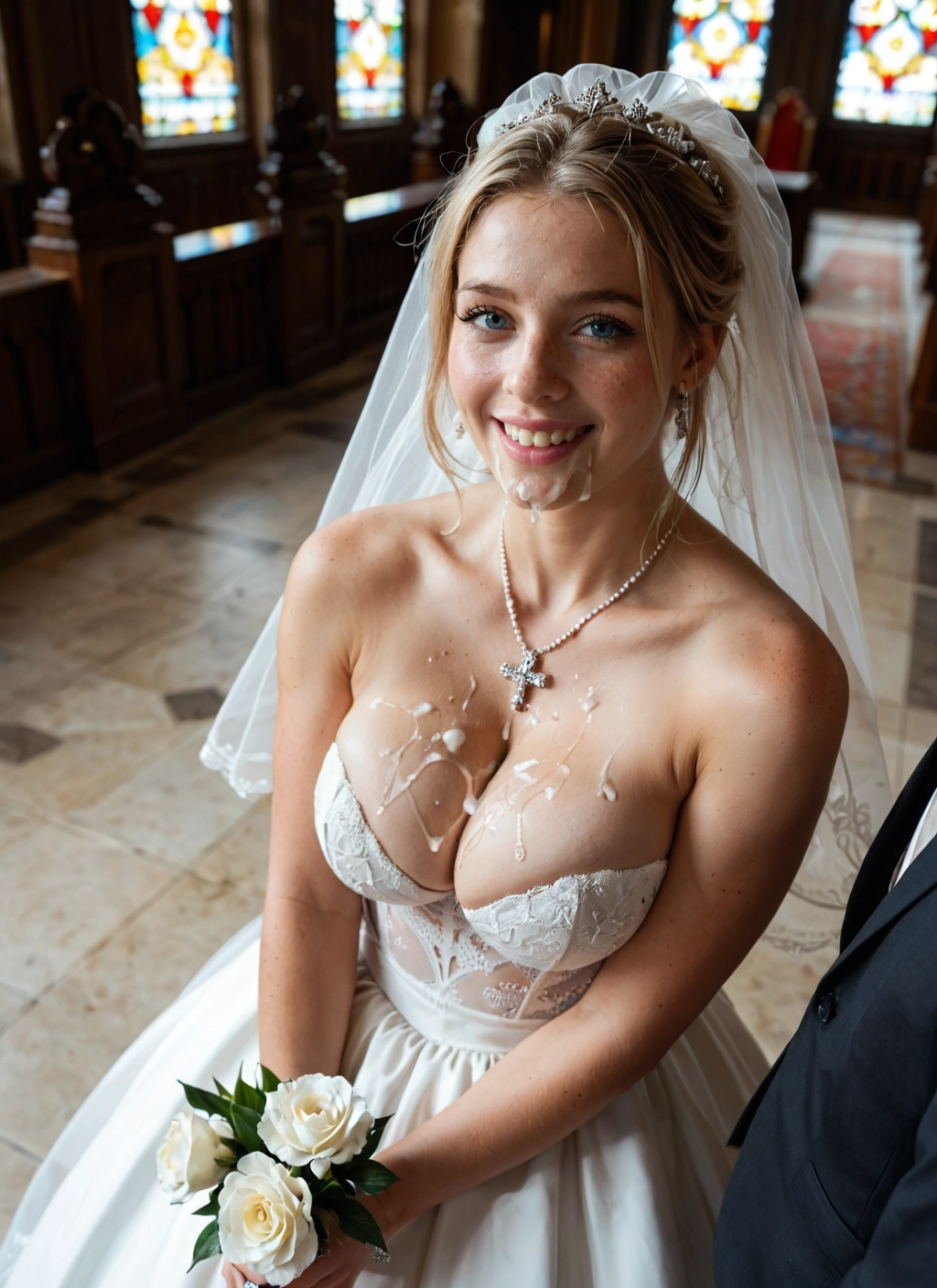 1girl, dress, breasts, cum, flower, wedding dress · Yamete.gg