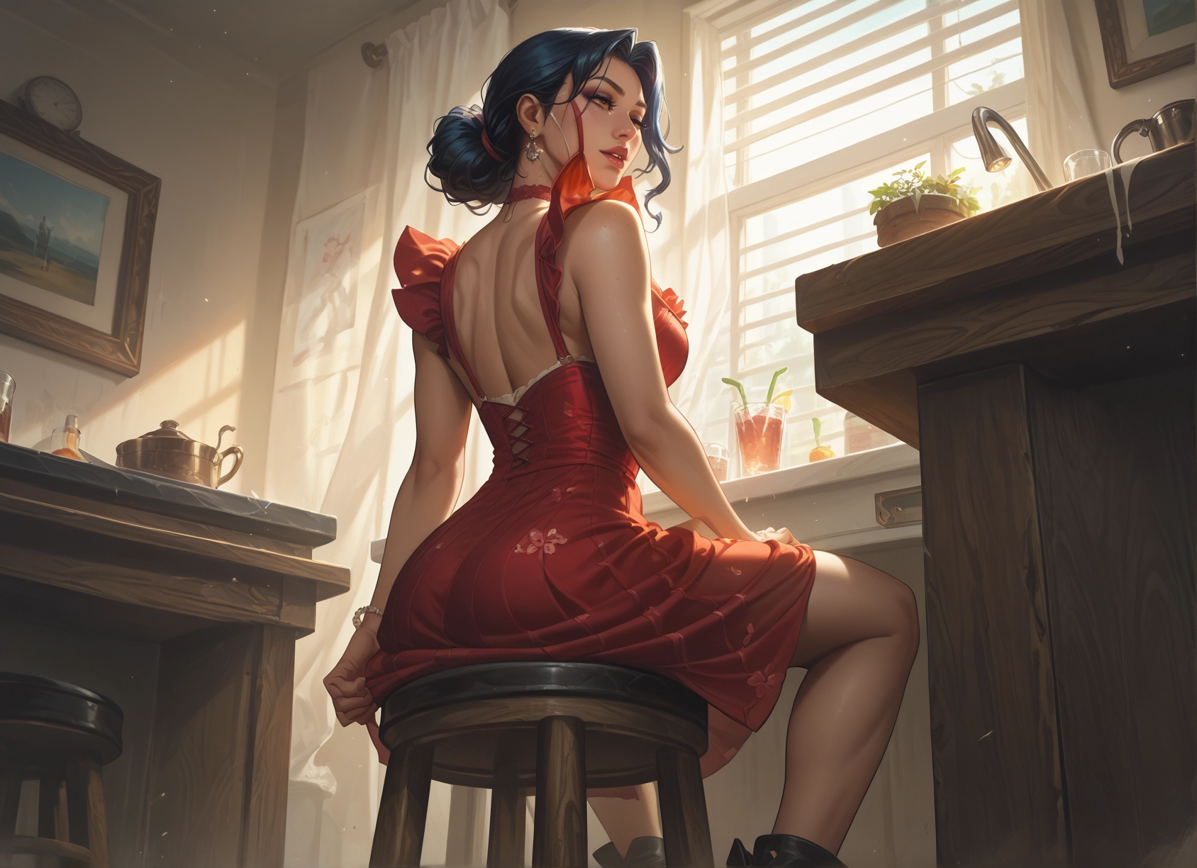 1girl, dress, jewelry, red dress, earrings, solo · Yamete.gg