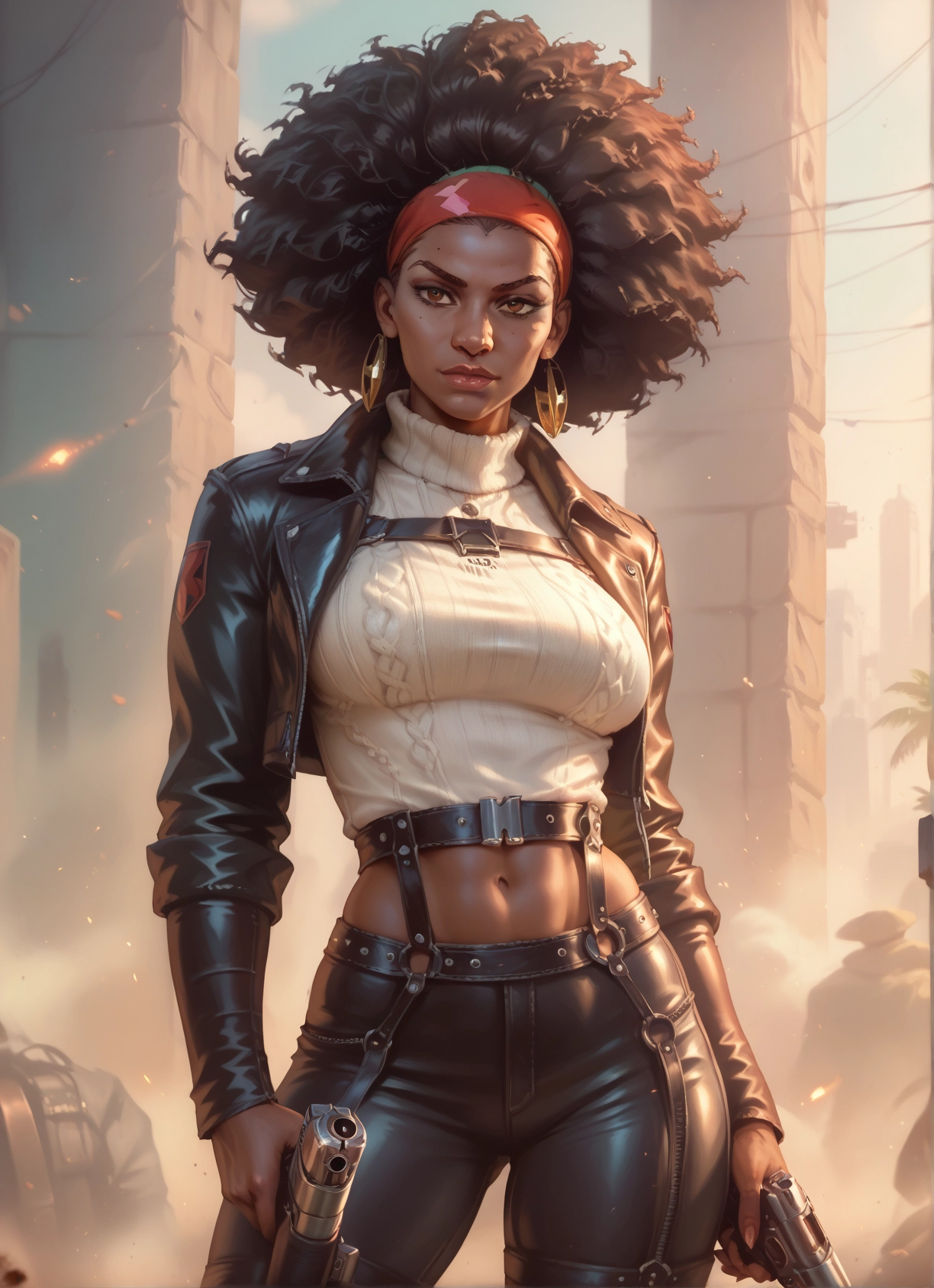 1girl, weapon, gun, jewelry, navel, earrings · Yamete.gg