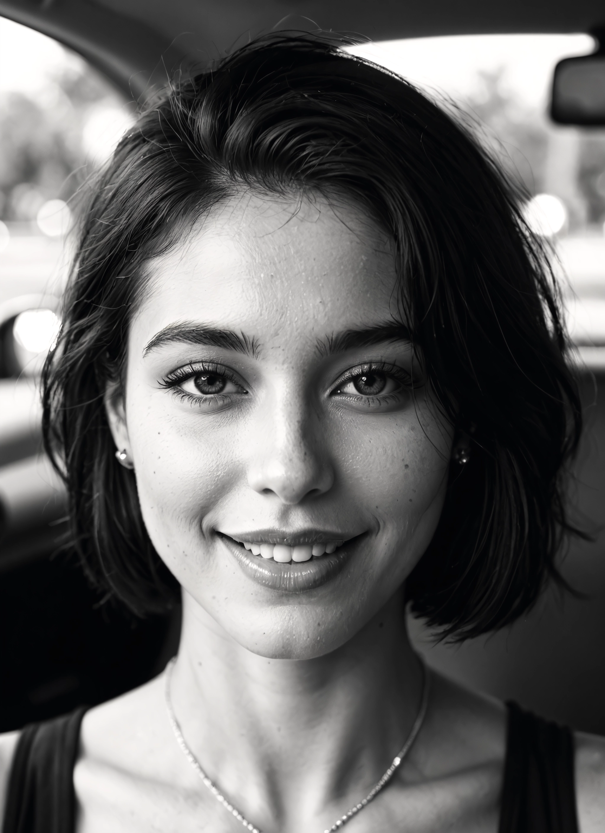 1girl, greyscale, monochrome, solo, jewelry, smile · Yamete.gg