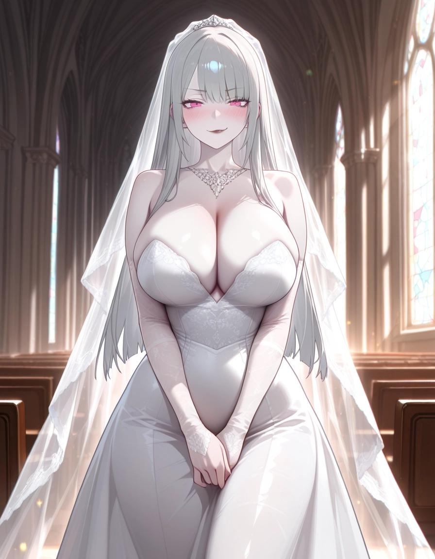 1girl, breasts, wedding dress, dress, cleavage, solo · Yamete.gg