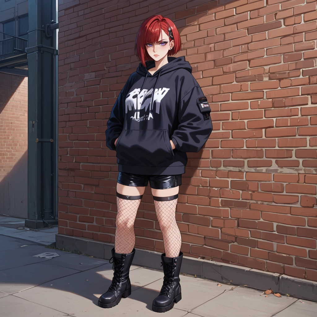 1girl, fishnets, hood, solo, hands in pockets, hoodie · Yamete.gg
