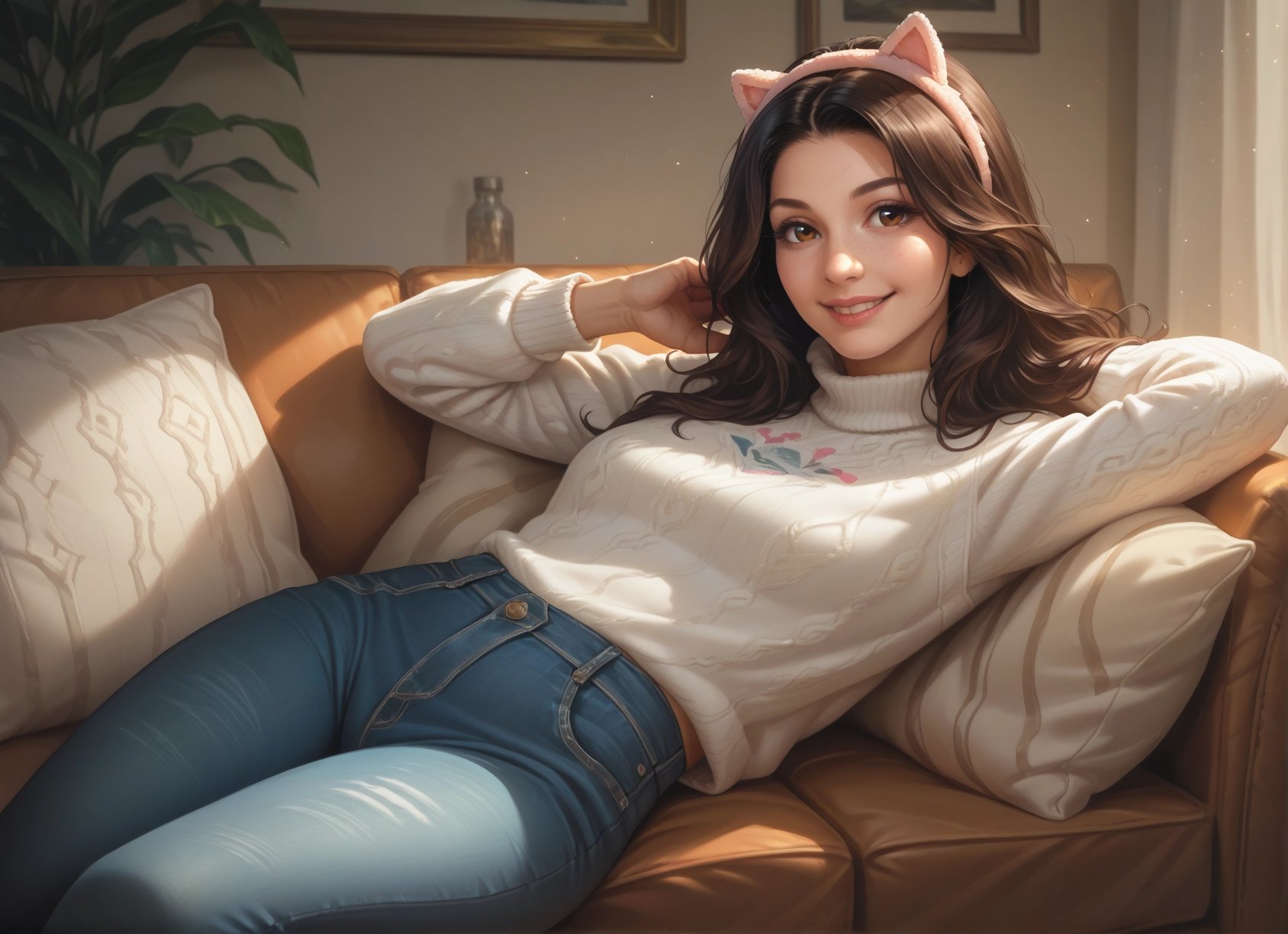 1girl, solo, pants, brown hair, sweater, smile · Yamete.gg