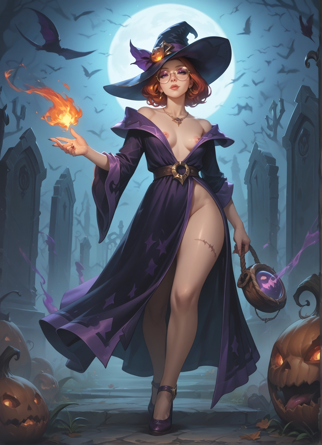 1girl, hat, breasts, witch hat, nipples, moon · Yamete.gg