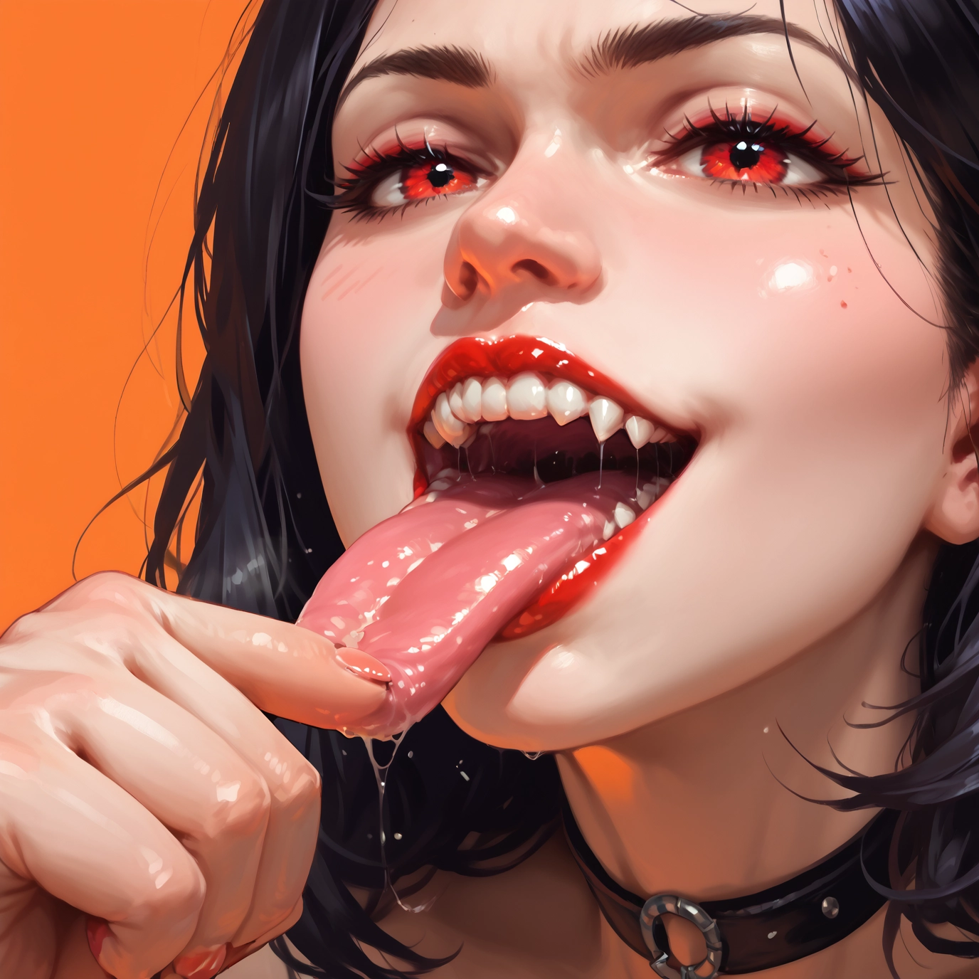 1girl, solo, tongue, red eyes, black hair, tongue out · Yamete.gg