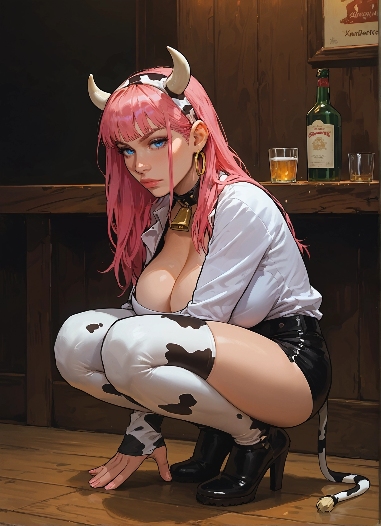 1girl, breasts, pink hair, thighhighs, animal print, cow print · Yamete.gg