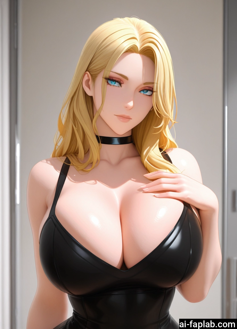 1girl, breasts, blonde hair, cleavage, blue eyes, choker