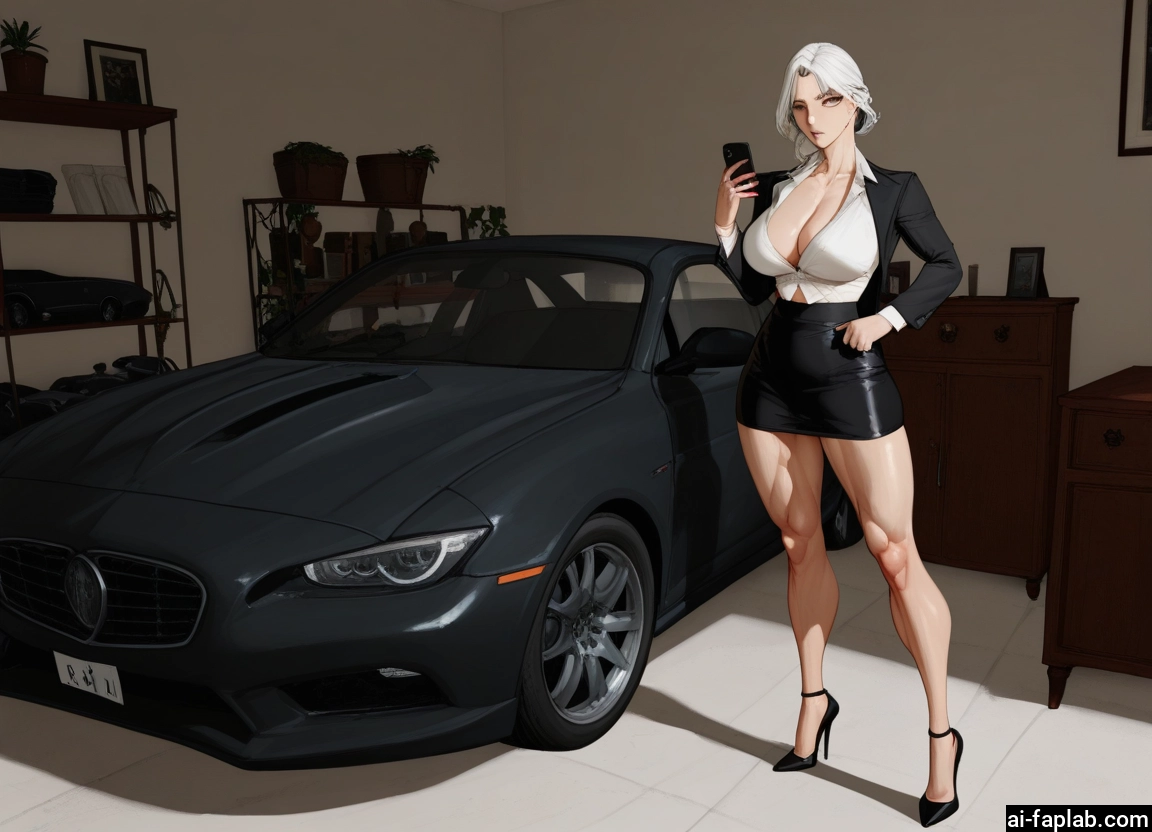 1girl, breasts, ground vehicle, motor vehicle, skirt, car