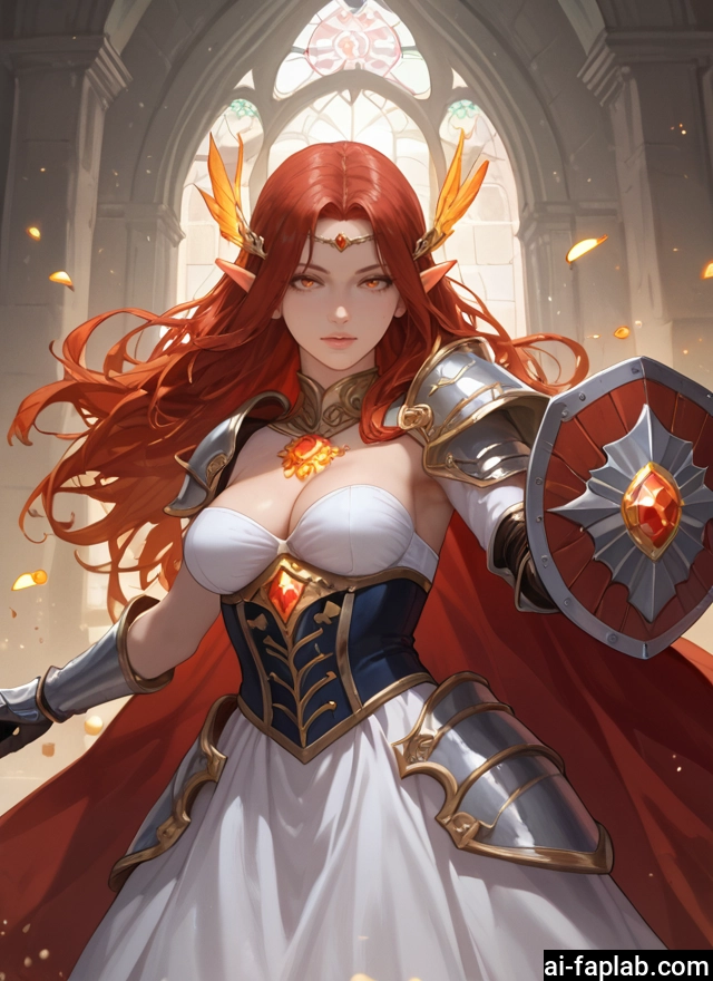 1girl, breasts, long hair, pointy ears, shield, solo · Yamete.gg