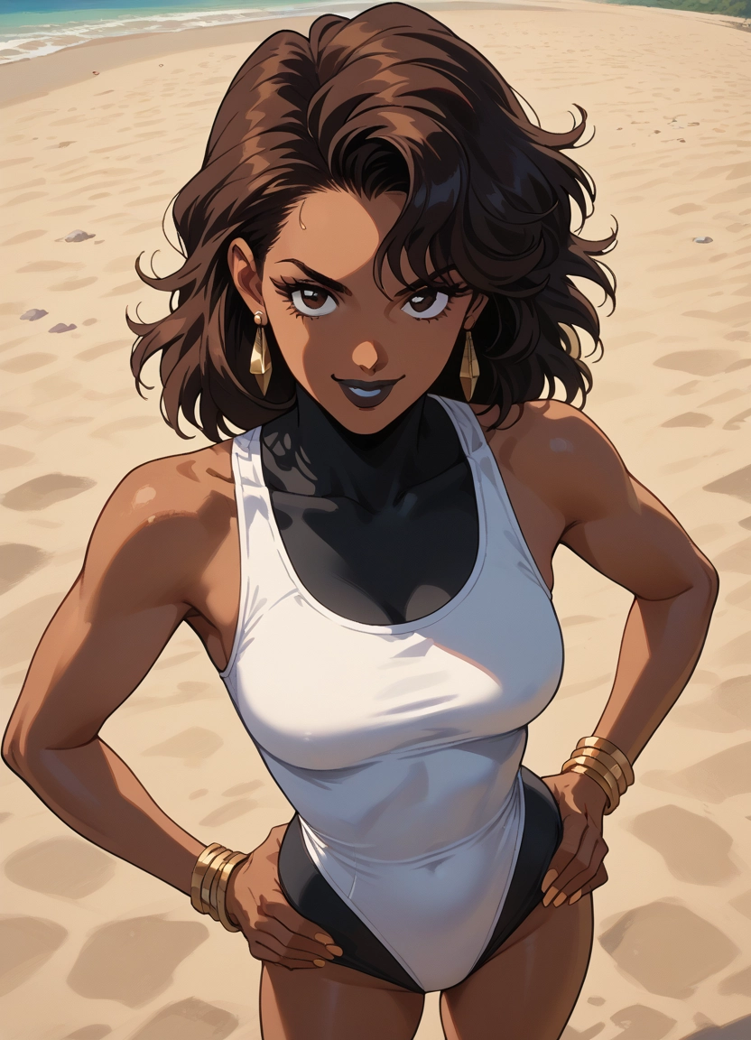 1girl, jewelry, swimsuit, earrings, solo, brown hair · Yamete.gg