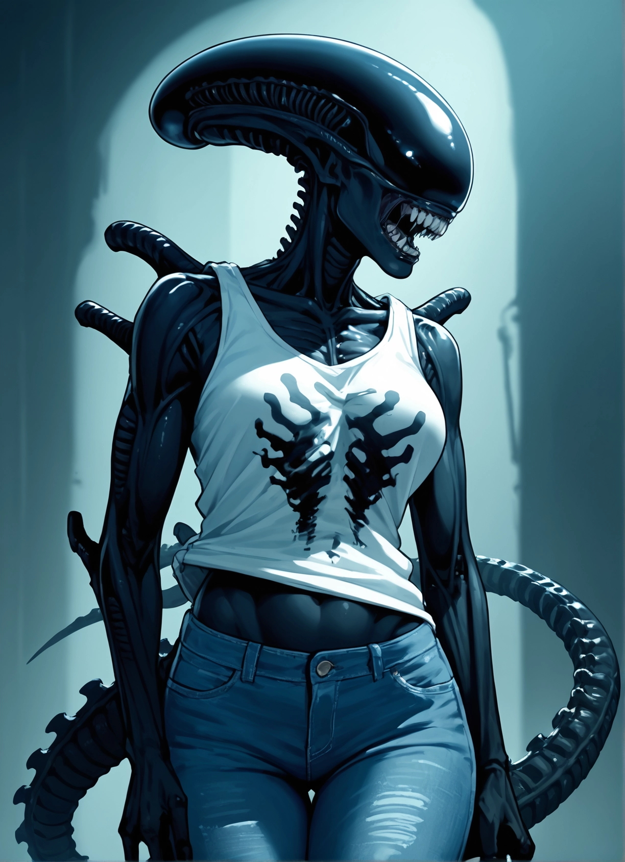 1girl, pants, denim, jeans, solo, teeth · Yamete.gg