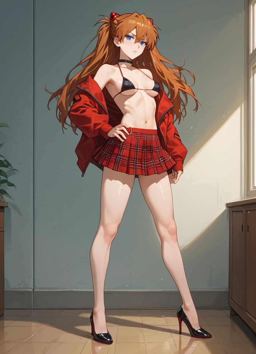1girl, souryuu asuka langley, high heels, swimsuit, bikini, breasts